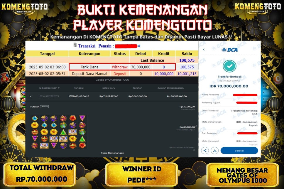 LAGI & LAGI!! KEMENANGAN BESAR DI SLOT  GATES OF OLYMPUS 1000  SEBESAR Rp.70.000.000 KOMENGTOTO BAYAR LUNAS SECEPAT KILAT !! KOMENGTOTO BAYAR SECEPAT KILAT !!