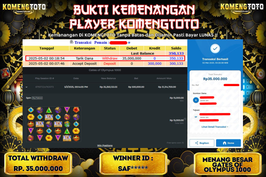 LAGI & LAGI!! KEMENANGAN BESAR DI SLOT  GATES OF OLYMPUS 1000  SEBESAR Rp.35.000.000 KOMENGTOTO BAYAR LUNAS SECEPAT KILAT !! KOMENGTOTO BAYAR SECEPAT KILAT !!