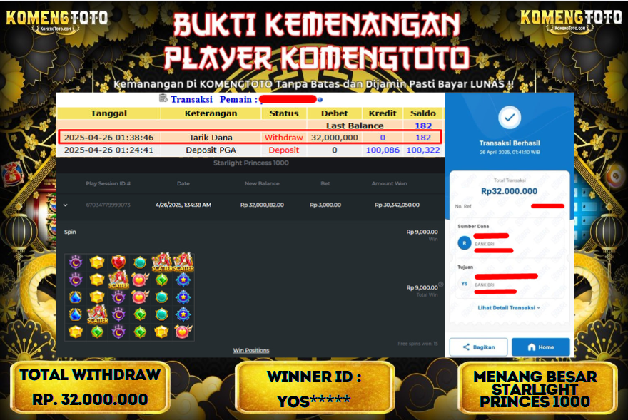LAGI & LAGI!! KEMENANGAN BESAR DI SLOT  STARLIGHT PRINCES 1000 SEBESAR Rp.32.000.000 KOMENGTOTO BAYAR LUNAS SECEPAT KILAT !! KOMENGTOTO BAYAR SECEPAT KILAT !!