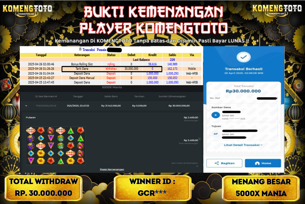 LAGI & LAGI!! KEMENANGAN BESAR DI SLOT 5000X Mania  SEBESAR Rp.30.000.000 KOMENGTOTO BAYAR LUNAS SECEPAT KILAT !! KOMENGTOTO BAYAR SECEPAT KILAT !!