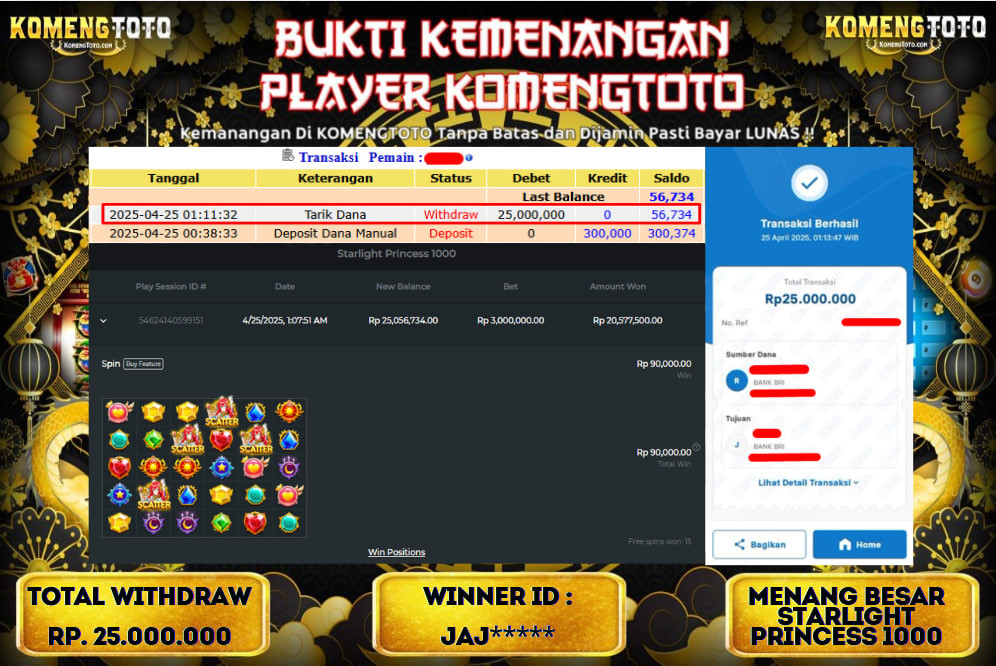 LAGI & LAGI!! KEMENANGAN BESAR DI SLOT  STARLIGHT PRINCES 1000  SEBESAR Rp.25.000.000 KOMENGTOTO BAYAR LUNAS SECEPAT KILAT !! KOMENGTOTO BAYAR SECEPAT KILAT !!