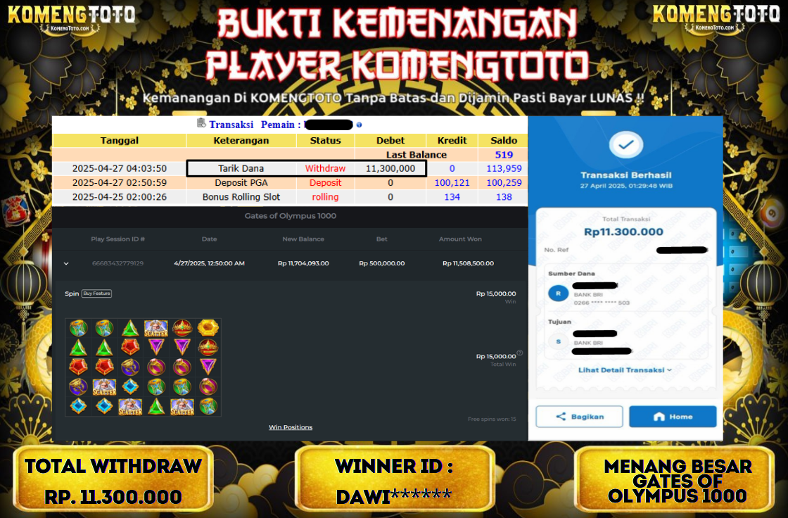 LAGI & LAGI!! KEMENANGAN BESAR DI SLOT  GATES OF OLYMPUS 1000  SEBESAR Rp.11.300.000 KOMENGTOTO BAYAR LUNAS SECEPAT KILAT !! KOMENGTOTO BAYAR SECEPAT KILAT !!