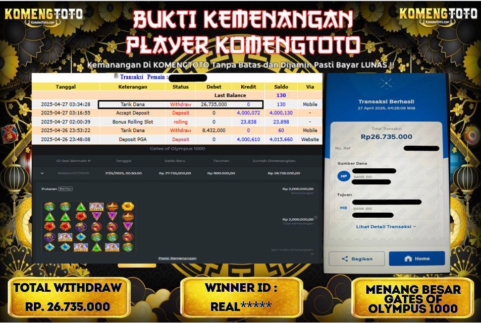 LAGI & LAGI!! KEMENANGAN BESAR DI SLOT GATES OF OLYMPYUS 1000  SEBESAR Rp.26.735.000 KOMENGTOTO BAYAR LUNAS SECEPAT KILAT !! KOMENGTOTO BAYAR SECEPAT KILAT !!
