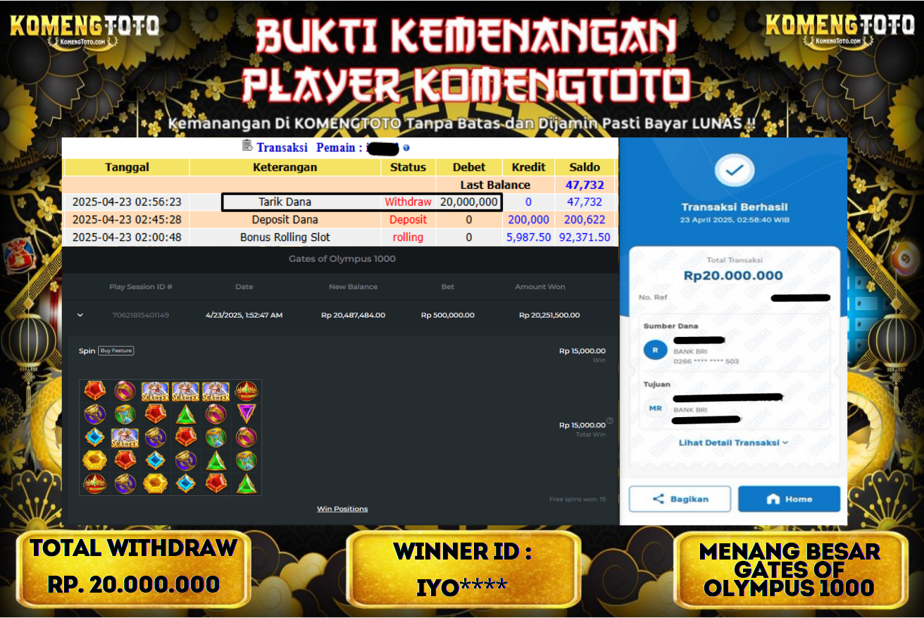 LAGI & LAGI!! KEMENANGAN BESAR DI SLOT  GATES OF OLYMPUS 1000  SEBESAR Rp.20.000.000 KOMENGTOTO BAYAR LUNAS SECEPAT KILAT !! KOMENGTOTO BAYAR SECEPAT KILAT !!