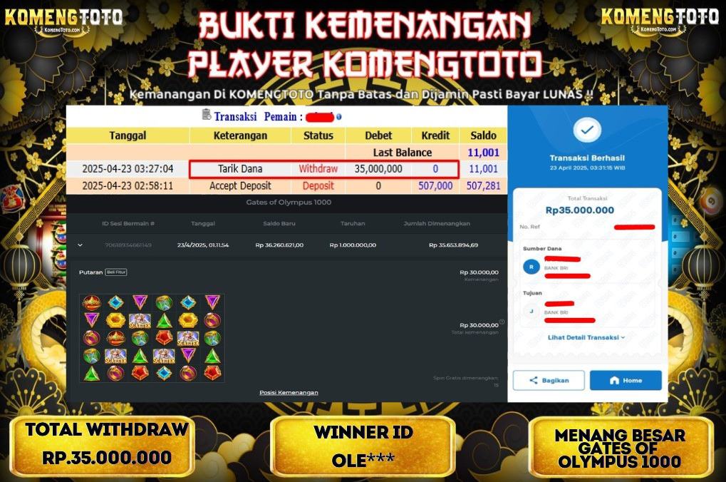 LAGI & LAGI!! KEMENANGAN BESAR DI SLOT  GATES OF OLYMPUS 1000  SEBESAR Rp.35.000.000 KOMENGTOTO BAYAR LUNAS SECEPAT KILAT !! KOMENGTOTO BAYAR SECEPAT KILAT !!