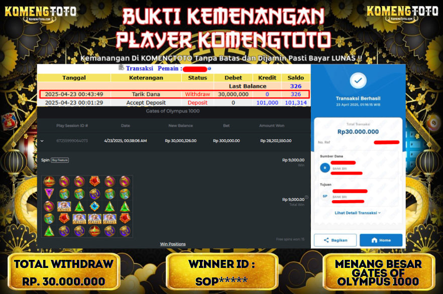 LAGI & LAGI!! KEMENANGAN BESAR DI SLOT  GATES OF OLYMPUS 1000  SEBESAR Rp.30.000.000 KOMENGTOTO BAYAR LUNAS SECEPAT KILAT !! KOMENGTOTO BAYAR SECEPAT KILAT !!