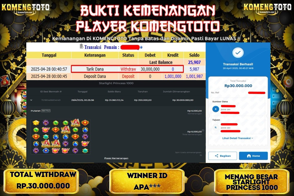 LAGI & LAGI!! KEMENANGAN BESAR DI SLOT  STARLIGHT PRINCES 1000  SEBESAR Rp.30.000.000 KOMENGTOTO BAYAR LUNAS SECEPAT KILAT !! KOMENGTOTO BAYAR SECEPAT KILAT !!