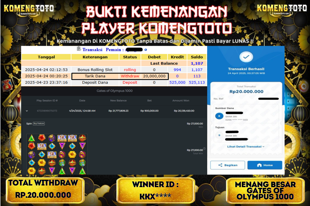 LAGI & LAGI!! KEMENANGAN BESAR DI SLOT  GATES OF OLYMPUS 1000  SEBESAR Rp.20.000.000 KOMENGTOTO BAYAR LUNAS SECEPAT KILAT !! KOMENGTOTO BAYAR SECEPAT KILAT !!