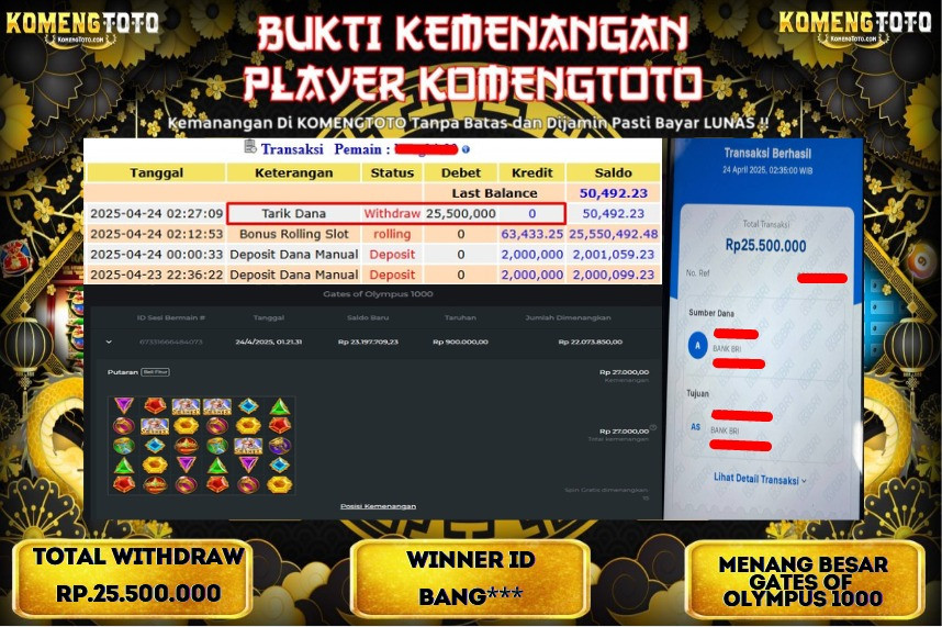 LAGI & LAGI!! KEMENANGAN BESAR DI SLOT  GATES OF OLYMPUS 1000  SEBESAR Rp.25.500.000 KOMENGTOTO BAYAR LUNAS SECEPAT KILAT !! KOMENGTOTO BAYAR SECEPAT KILAT !!