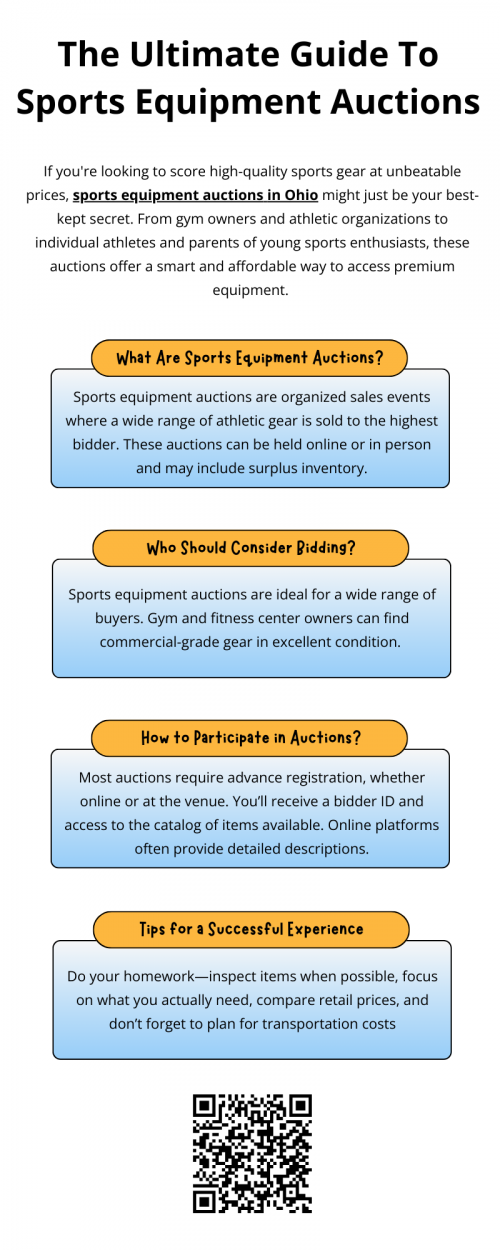 Sports equipment auctions in Ohio are a fantastic way to access high-quality gear at budget-friendly prices. With the right preparation and strategy, you can find everything from pro-level fitness machines to gear for local youth teams—all while saving money and supporting sustainability through reuse. It's time to gear up and bid smart! To know more visit here https://www.wyethauctions.com/industries/brewery-equipment