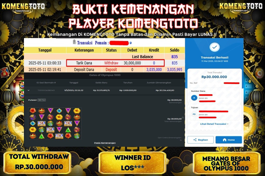LAGI & LAGI!! KEMENANGAN BESAR DI SLOT GATES OF OLYMPYUS 1000  SEBESAR Rp.30.000.000 KOMENGTOTO BAYAR LUNAS SECEPAT KILAT !! KOMENGTOTO BAYAR SECEPAT KILAT !!
