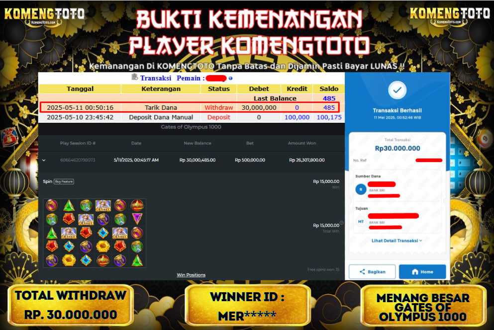 LAGI & LAGI!! KEMENANGAN BESAR DI SLOT  GATES OF OLYMPUS 1000  SEBESAR Rp.30.000.000 KOMENGTOTO BAYAR LUNAS SECEPAT KILAT !! KOMENGTOTO BAYAR SECEPAT KILAT !!