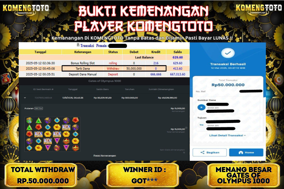 LAGI & LAGI!! KEMENANGAN BESAR DI SLOT GATES OF OLYMPYUS 1000  SEBESAR Rp.50.000.000 KOMENGTOTO BAYAR LUNAS SECEPAT KILAT !! KOMENGTOTO BAYAR SECEPAT KILAT !!