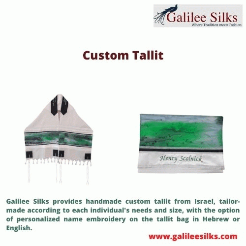 Galilee Silks provides handmade custom tallit from Israel, tailor-made according to each individual's needs and size, with the option of personalized name embroidery on the tallit bag in Hebrew or English.  For more details, visit: https://www.galileesilks.com/collections/modern-tallit-for-men/custom-tallit