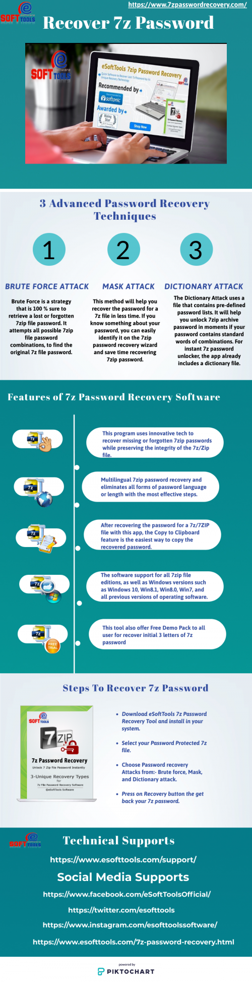 eSoftTools 7z Password Recovery Software is an exceptional method for recovering your 7z/zip file password.This tool recover 7z password using three methods: Brute Force Attack, Mask Attack, and Dictionary Attack. It can solve any password combination and comes with a free trial version to ensure user satisfaction. This tool supports all versions of Windows and 7z files up to version 19.

Read More:- https://www.7zpasswordrecovery.com/